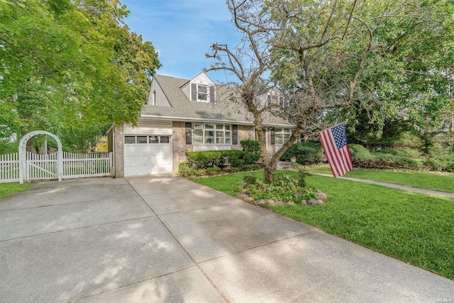 cape cod-style house with a garage and a front lawn