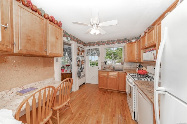 kitchen featuring ceiling fan, tasteful backsplash, light stone counters, light hardwood / wood-style floors, and white appliances