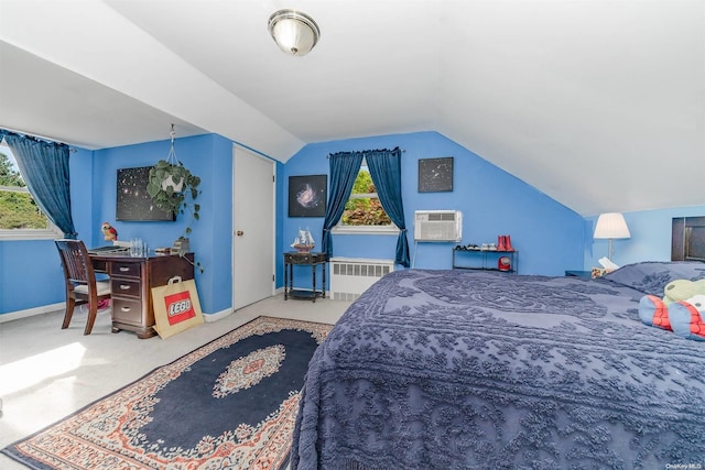 bedroom with carpet flooring, radiator heating unit, an AC wall unit, and vaulted ceiling