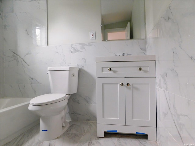 bathroom featuring a shower, vanity, toilet, and tile walls