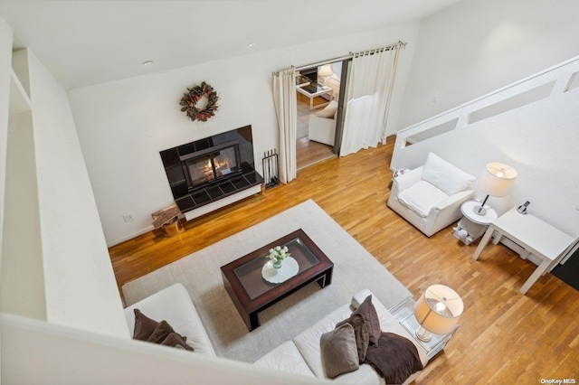 living room featuring a tile fireplace and wood-type flooring