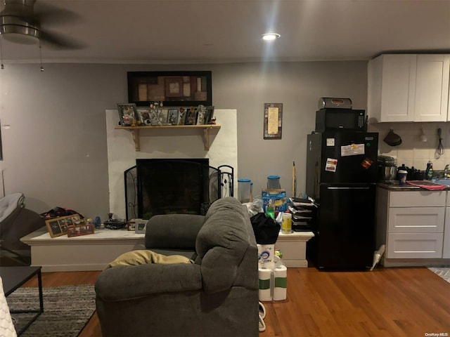 living room with ceiling fan and light hardwood / wood-style floors