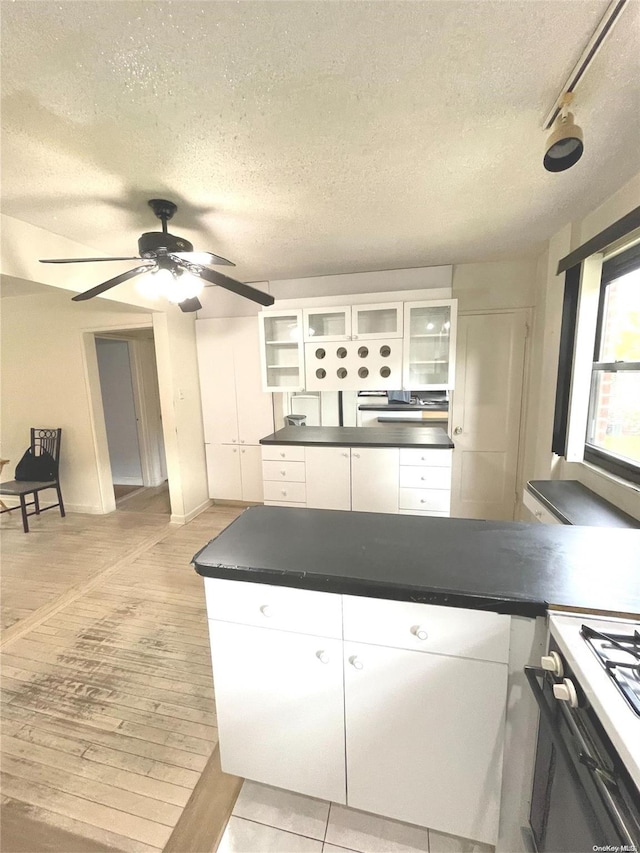 kitchen with white cabinets, a textured ceiling, and light wood-type flooring