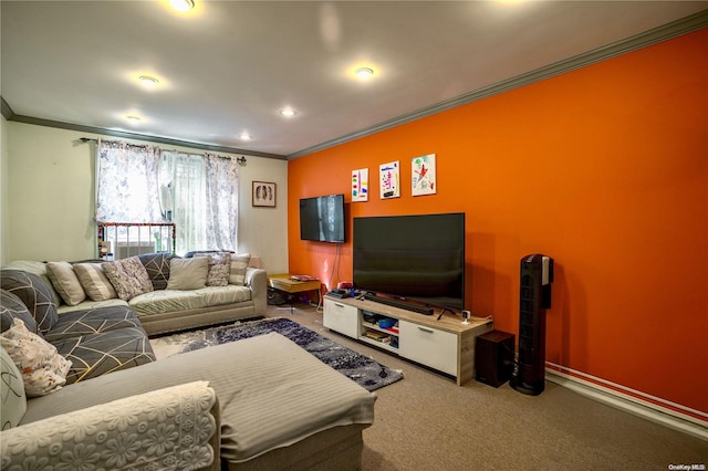 living room featuring carpet flooring and ornamental molding