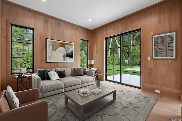 living room featuring a wealth of natural light, wood walls, and light hardwood / wood-style floors