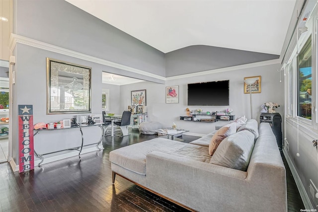 living room featuring crown molding, dark hardwood / wood-style flooring, and lofted ceiling