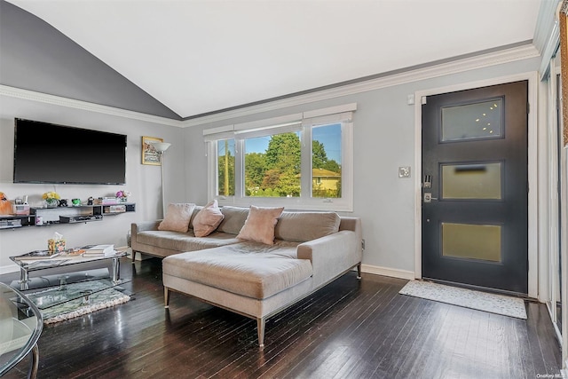 living room featuring crown molding, dark hardwood / wood-style flooring, and lofted ceiling