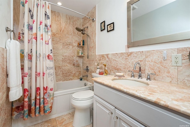 full bathroom featuring shower / bath combination with curtain, backsplash, vanity, tile walls, and toilet