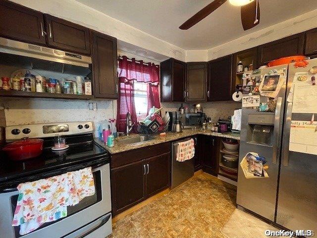 kitchen with ceiling fan, sink, dark brown cabinets, and appliances with stainless steel finishes