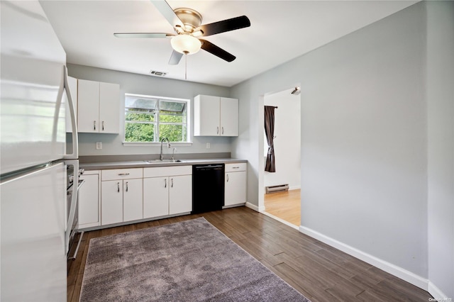 kitchen featuring white cabinetry, dishwasher, sink, hardwood / wood-style floors, and white fridge