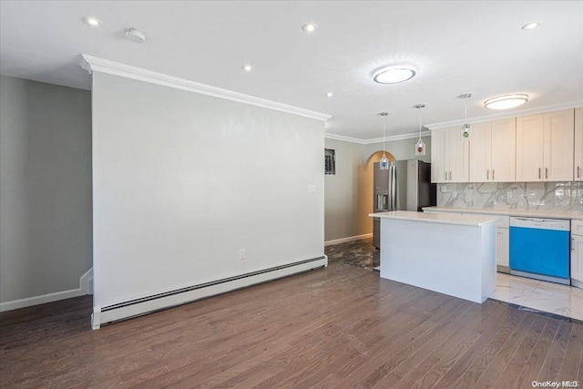 kitchen with pendant lighting, dishwasher, dark hardwood / wood-style floors, a baseboard radiator, and a kitchen island