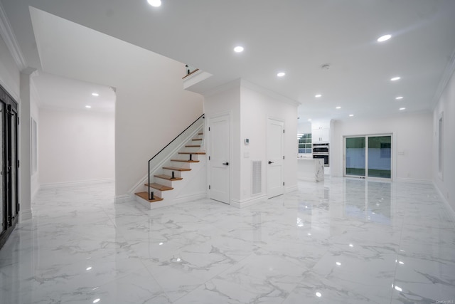 12 Hoover Ln, Bethpage, NY 11714 - staircase with ornamental molding, recessed lighting, and marble finish floors