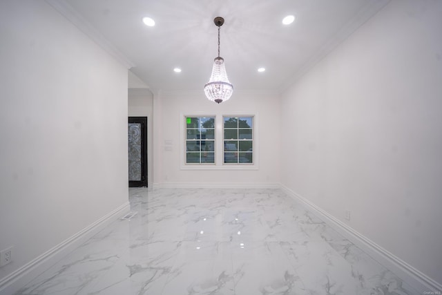 12 Hoover Ln, Bethpage, NY 11714 - unfurnished room featuring ornamental molding, a chandelier, recessed lighting, and marble finish floors