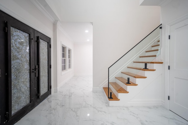 12 Hoover Ln, Bethpage, NY 11714 - entrance foyer featuring marble look tile flooring, french doors, stairs, ornamental molding, and recessed lighting
