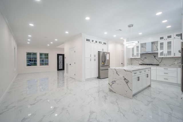 12 Hoover Ln, Bethpage, NY 11714 - kitchen with stainless steel fridge, wall chimney exhaust hood, crown molding, decorative backsplash, and recessed lighting