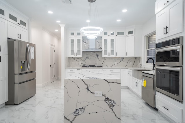 12 Hoover Ln, Bethpage, NY 11714 - kitchen featuring appliances with stainless steel finishes, custom range hood, tasteful backsplash, ornamental molding, and recessed lighting
