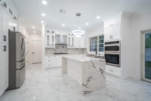 12 Hoover Ln, Bethpage, NY 11714 - kitchen featuring appliances with stainless steel finishes, wall chimney exhaust hood, recessed lighting, backsplash, and a chandelier