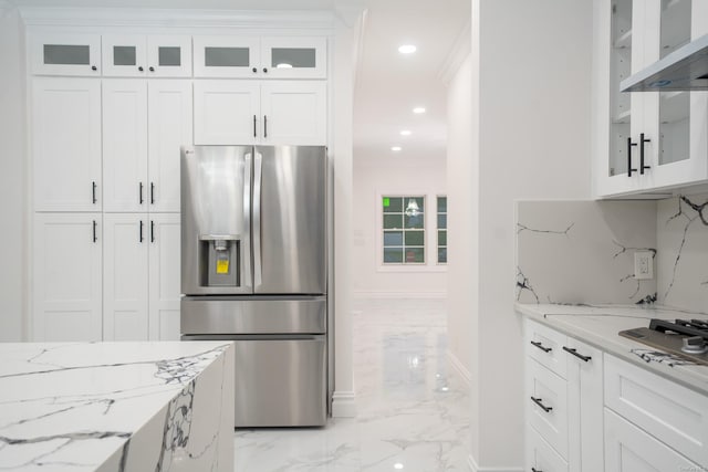 12 Hoover Ln, Bethpage, NY 11714 - kitchen featuring stainless steel fridge, light marble finish floors, light stone counters, white cabinets, and recessed lighting