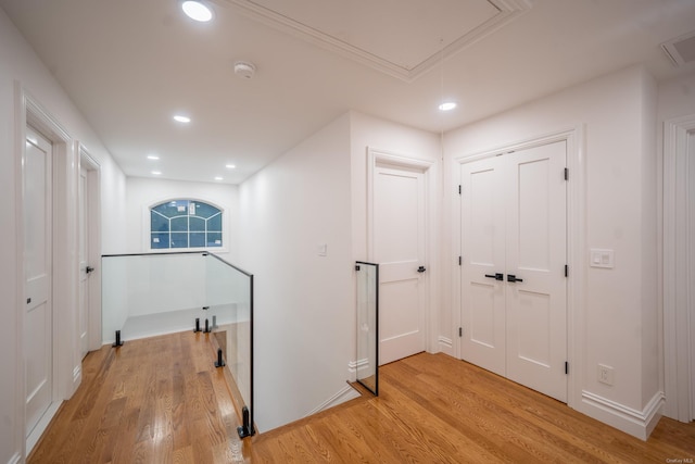 12 Hoover Ln, Bethpage, NY 11714 - corridor with attic access, light wood-type flooring, and recessed lighting