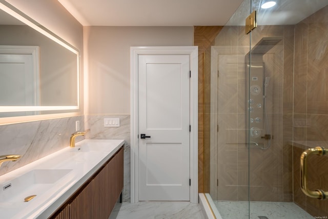 12 Hoover Ln, Bethpage, NY 11714 - full bathroom featuring double vanity, a stall shower, and marble look tiles