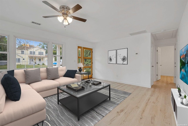 living room featuring ceiling fan and light wood-type flooring