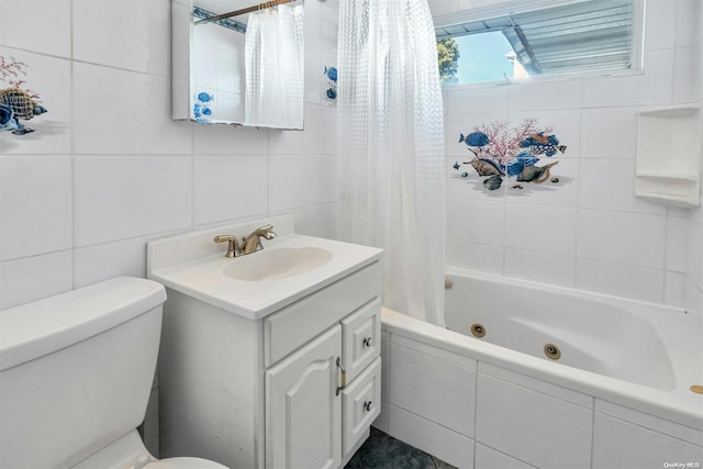 full bathroom with vanity, shower / bathtub combination with curtain, tile walls, and toilet