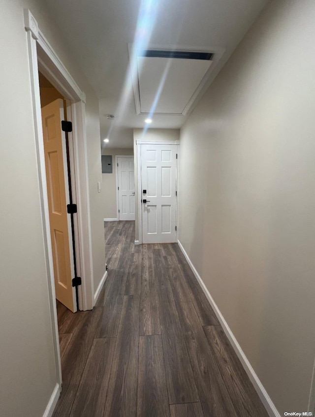 hallway with dark hardwood / wood-style flooring