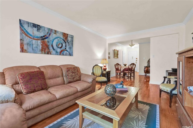 living room with hardwood / wood-style flooring and ornamental molding