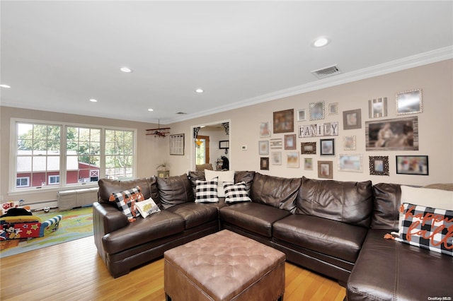 living room featuring light hardwood / wood-style floors and crown molding