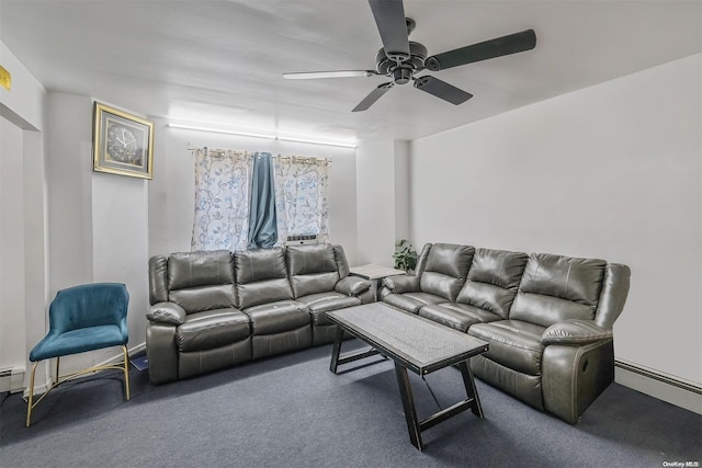 living room with carpet flooring and ceiling fan