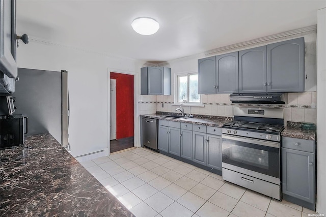 kitchen featuring gray cabinets, sink, and appliances with stainless steel finishes