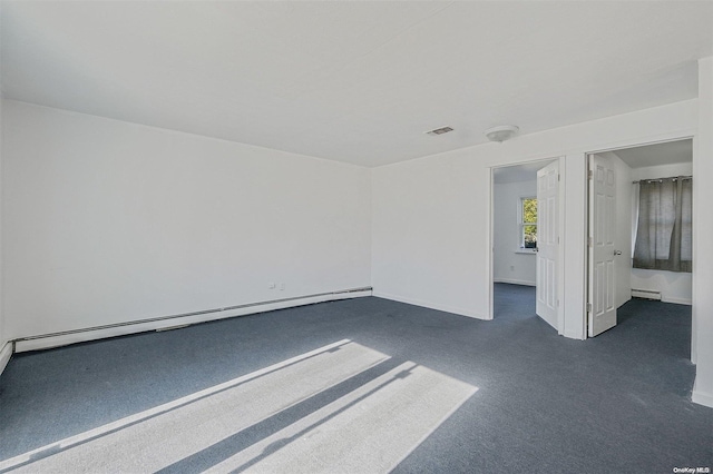 unfurnished room featuring dark colored carpet and a baseboard radiator