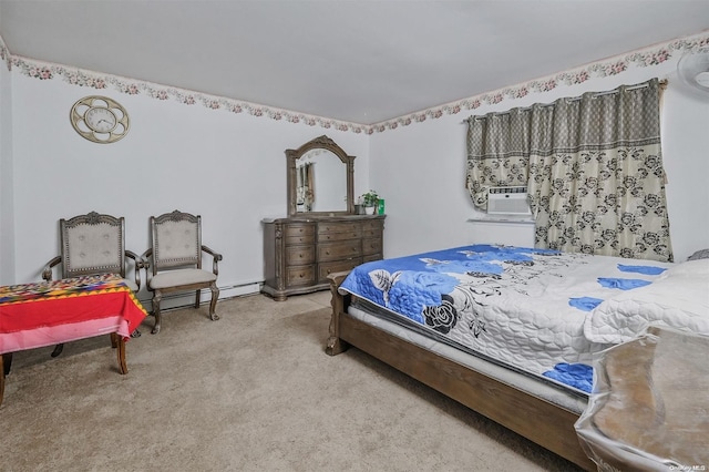 bedroom with light colored carpet, a baseboard radiator, and cooling unit