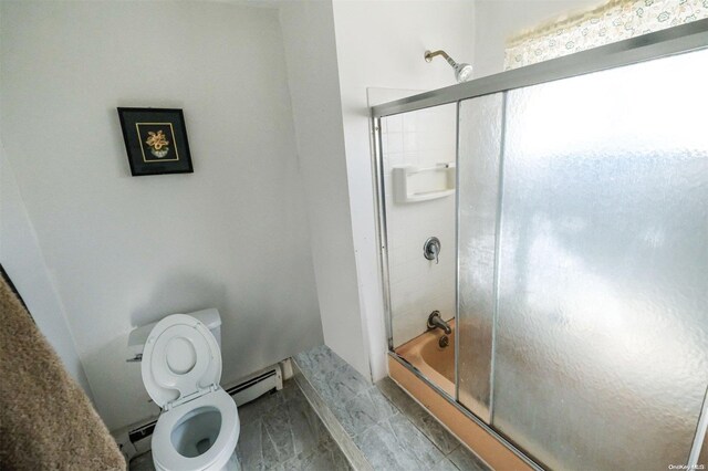 bathroom featuring shower / bath combination with glass door, toilet, and a baseboard heating unit