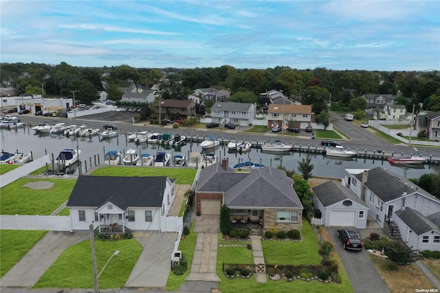 drone / aerial view with a water view