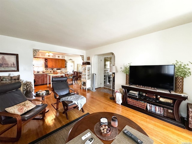 living room with sink and hardwood / wood-style flooring