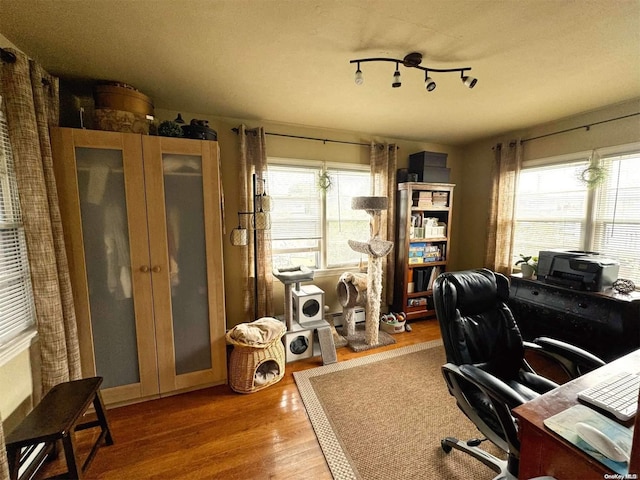 office featuring hardwood / wood-style floors and a baseboard radiator