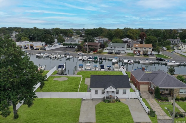 bird's eye view with a water view