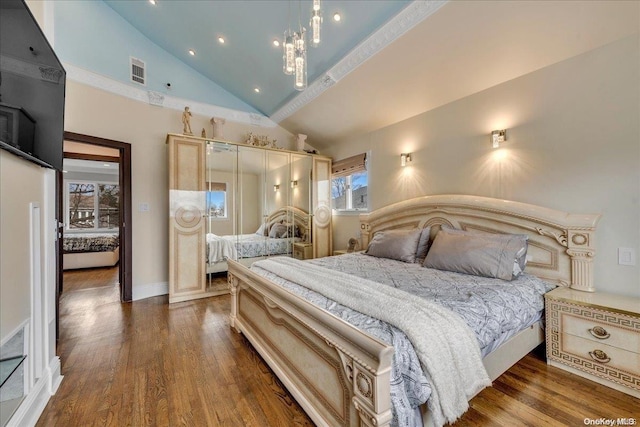 bedroom with multiple windows, high vaulted ceiling, and dark wood-type flooring