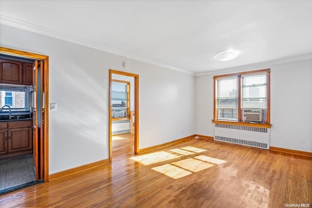 unfurnished room featuring radiator heating unit, light wood-type flooring, ornamental molding, and sink