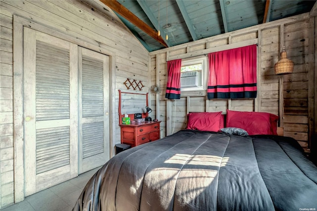 bedroom featuring vaulted ceiling with beams, wooden walls, cooling unit, and wooden ceiling