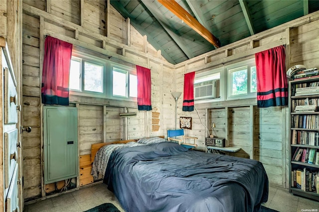 bedroom featuring vaulted ceiling with beams, multiple windows, wooden walls, and wood ceiling