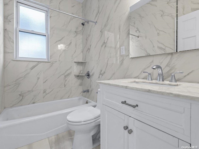 full bathroom featuring decorative backsplash, vanity, tiled shower / bath combo, tile walls, and toilet