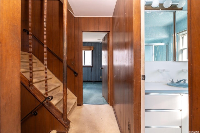 hallway featuring wood walls and sink