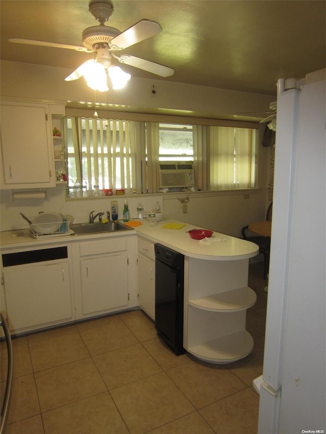 kitchen featuring a sink, white cabinets, black dishwasher, light countertops, and open shelves