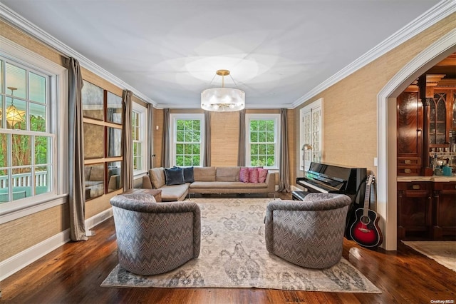 living room with crown molding, dark wood-type flooring, and a notable chandelier