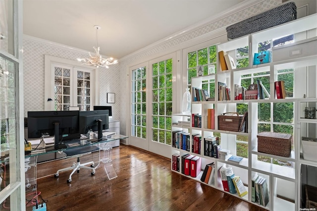 office area featuring hardwood / wood-style floors, a healthy amount of sunlight, french doors, and an inviting chandelier