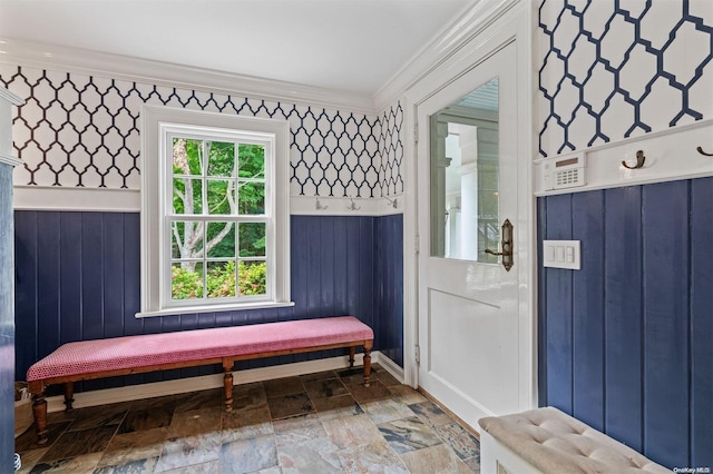 mudroom featuring wood walls and ornamental molding