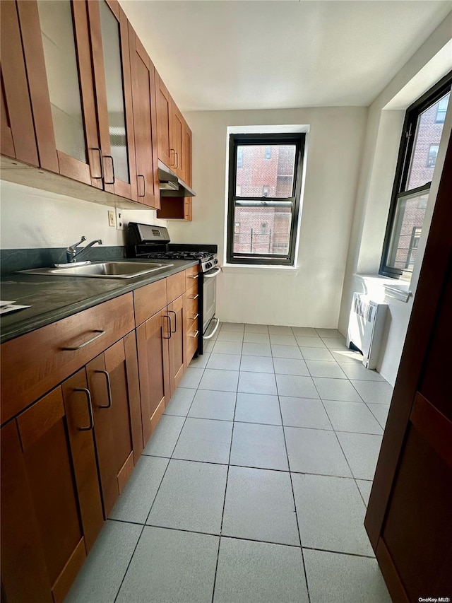 kitchen featuring light tile patterned floors, sink, a wealth of natural light, and stainless steel range with gas stovetop