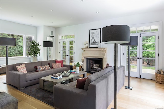 living room with french doors and light hardwood / wood-style flooring